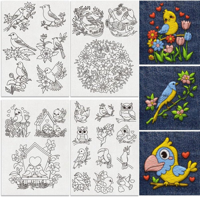 DOODLREAM 24Pcs Flowers and Birds 4 Sheets Water Soluble Embroidery Pattern Stabilizers, Stick and Stitch Embroidery Stickers, Hand Sewing DIY Flowers and Birds Embroidery Papers - Image 1